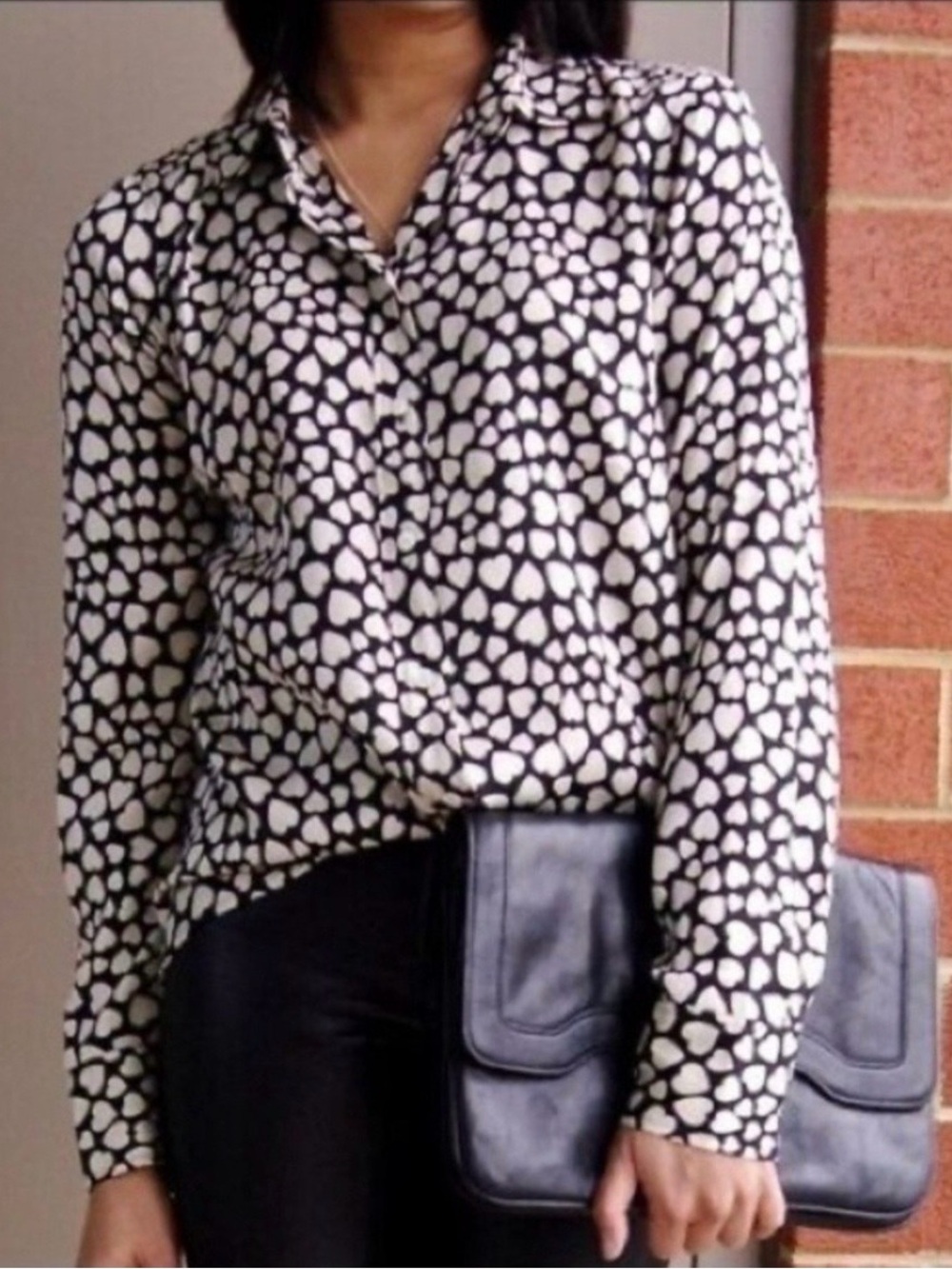 JCrew Black and White Heart-Print Long-Sleeve Silk Blouse Size 10 Work Preppy
